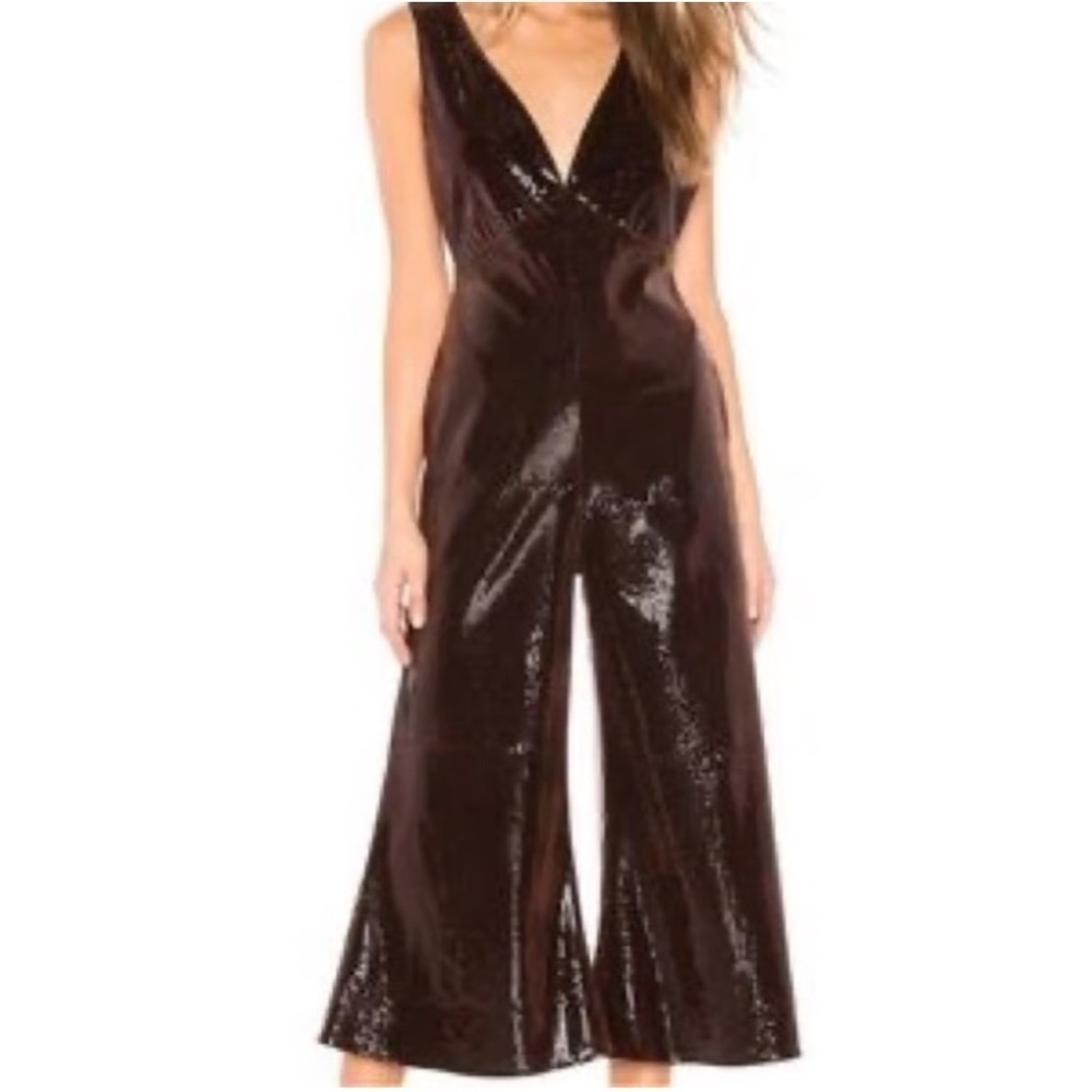 Line & Dot Brown Sequin Wide Leg Jumpsuit XS Deep V Neck Holiday Party REVOLVE - Picture 2 of 15